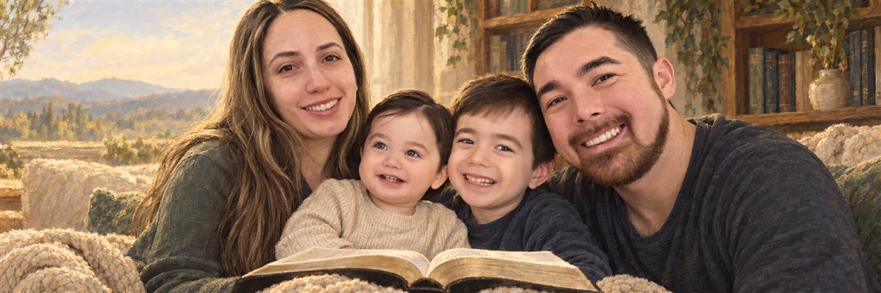 A family with two young boys reading the Bible together in a warm study