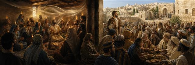 Believers receiving wind and flame at Pentecost as Peter addresses a diverse Jerusalem crowd