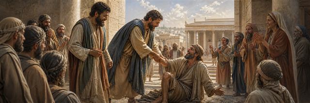 Peter helping a man unable to walk rise beside John at the temple’s Beautiful Gate