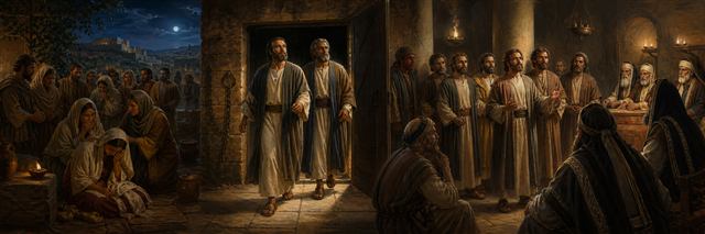 Apostles leaving an opened prison at night and later speaking calmly before Jerusalem leaders