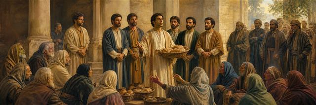 Stephen carrying bread among widows as the apostles recognize seven trusted servants