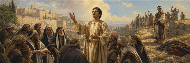 Stephen addressing the council while accusers leave cloaks near Saul outside the city