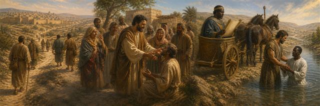 Philip serving joyful Samaritans and later baptizing an Ethiopian traveler beside his chariot