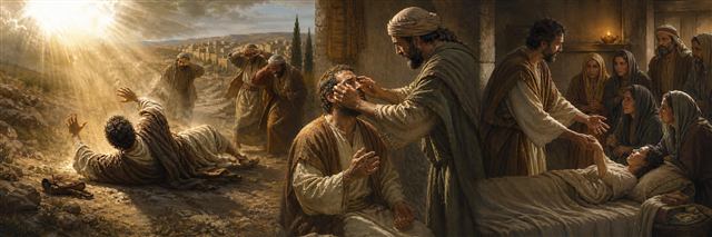 Saul fallen before bright light on the Damascus road as Ananias later restores his sight
