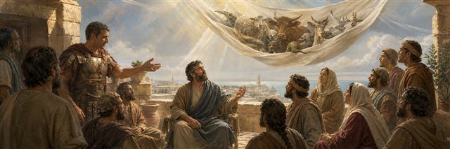 Peter seeing a cloth of animals above Caesarea as Cornelius welcomes him into a gathered household