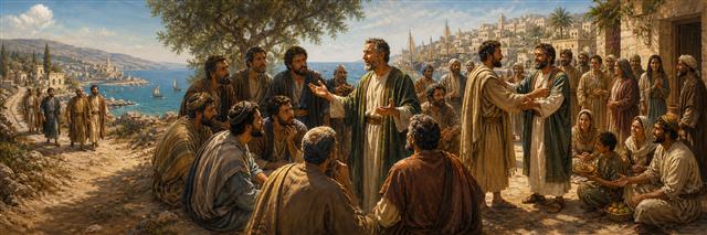 Peter explaining Gentile inclusion as Barnabas later welcomes Saul among believers in Antioch