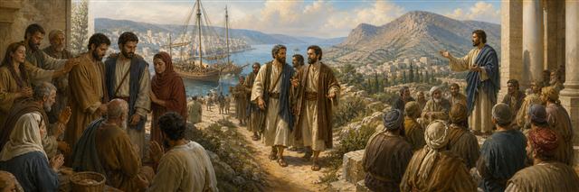 Barnabas and Saul being sent from Antioch before traveling by sea and addressing a gathered community