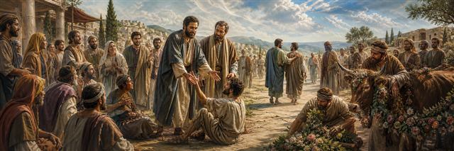 Paul helping a man stand in Lystra while Barnabas redirects people bringing decorated oxen
