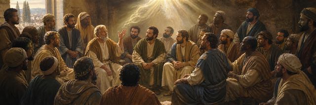 Apostles, elders, and missionaries deliberating together at the Jerusalem council