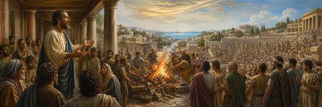 Paul teaching in Ephesus as converts burn occult objects and citizens gather in the theater