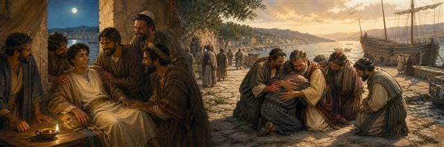Eutychus sitting safely among relieved believers as Paul later embraces elders beside a harbor