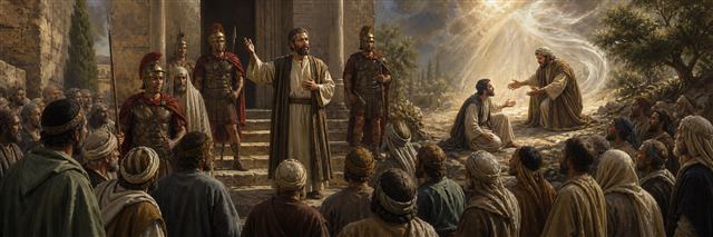 Paul speaking from the barracks steps with Roman guards as his Damascus encounter appears behind him