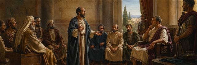 Paul speaking before Governor Felix as accusers, companions, and guards listen in Caesarea