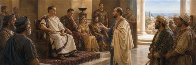 Paul standing before Festus as King Agrippa and Bernice listen in a Caesarean audience hall