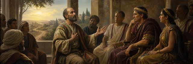 Paul speaking earnestly before Agrippa, Bernice, and Festus with a sunlit road beyond the chamber