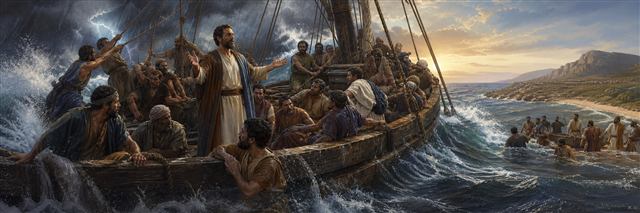 Paul encouraging sailors and passengers aboard a storm-tossed ship as survivors approach Malta
