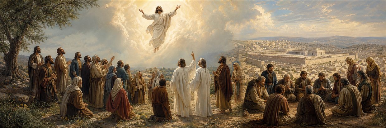 Jesus ascending above the Mount of Olives as disciples watch and later gather to choose Matthias