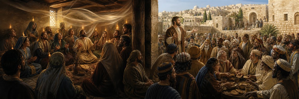 Believers receiving wind and flame at Pentecost as Peter addresses a diverse Jerusalem crowd