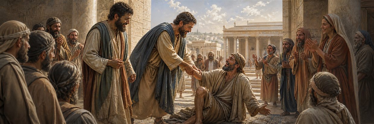 Peter helping a man unable to walk rise beside John at the temple’s Beautiful Gate