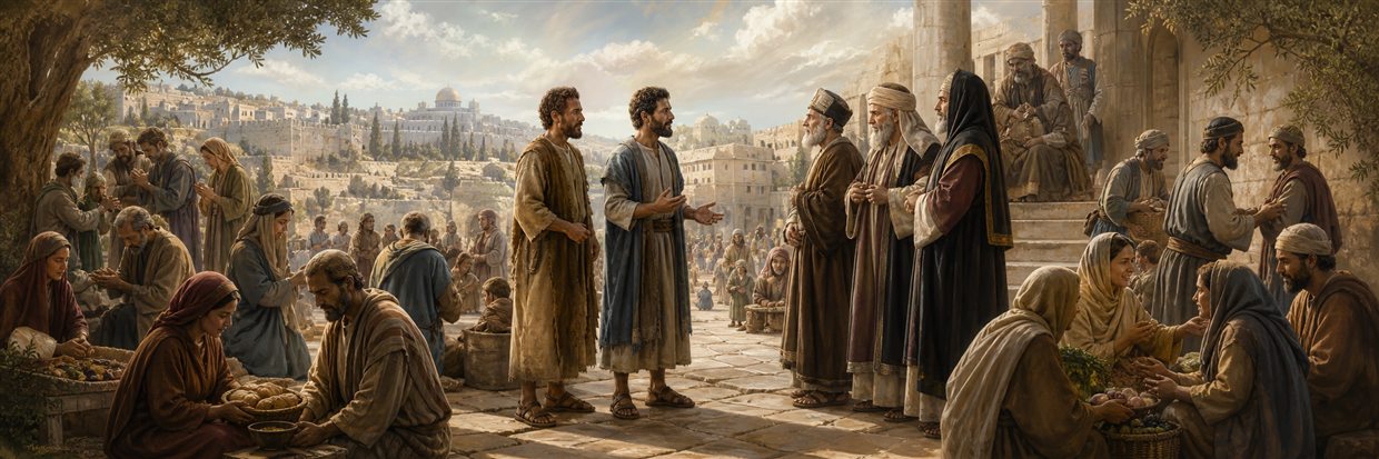 Peter and John standing before Jerusalem leaders as believers pray and share provisions nearby