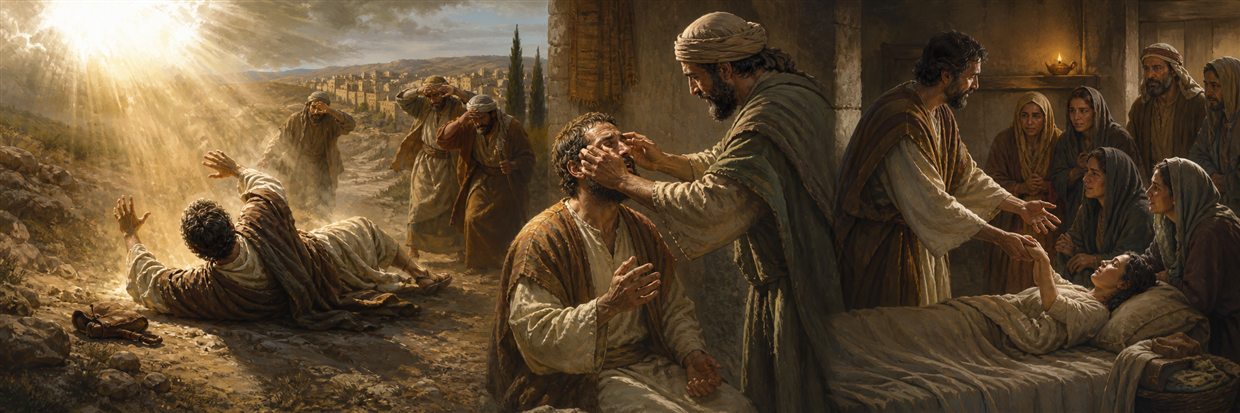 Saul fallen before bright light on the Damascus road as Ananias later restores his sight