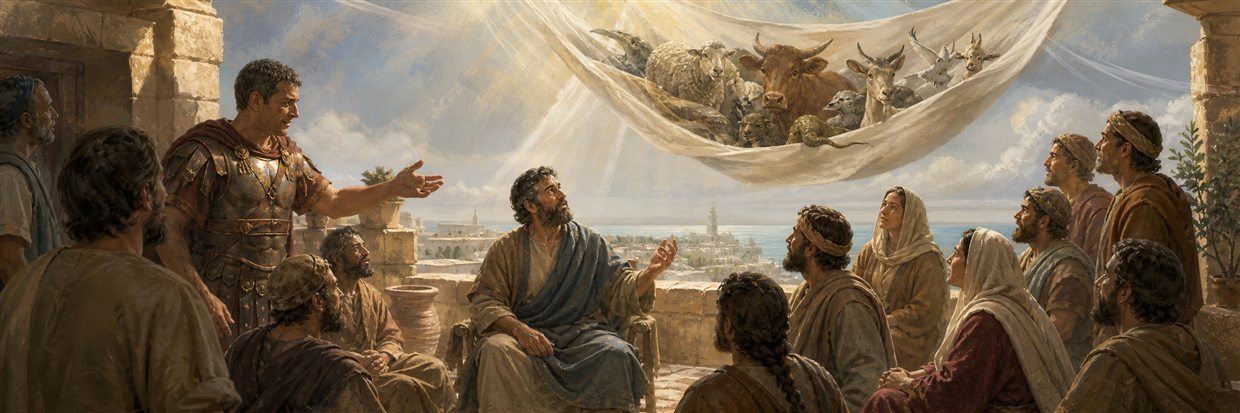 Peter seeing a cloth of animals above Caesarea as Cornelius welcomes him into a gathered household