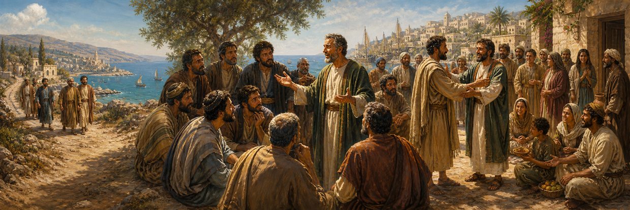 Peter explaining Gentile inclusion as Barnabas later welcomes Saul among believers in Antioch
