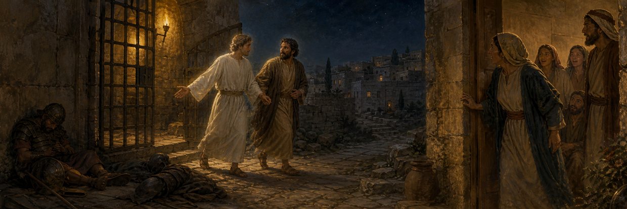 Peter being led from an opened prison at night as Rhoda and praying believers greet him