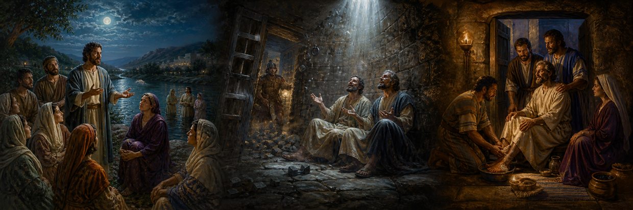 Paul speaking with Lydia by a river as he and Silas later sing in prison and welcome the jailer
