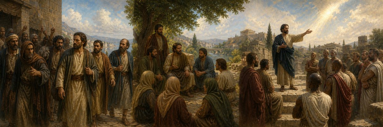 Paul traveling through divided crowds before addressing attentive listeners at the Athenian Areopagus