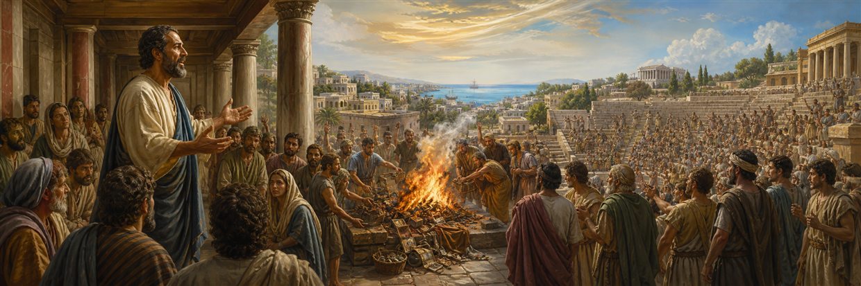 Paul teaching in Ephesus as converts burn occult objects and citizens gather in the theater