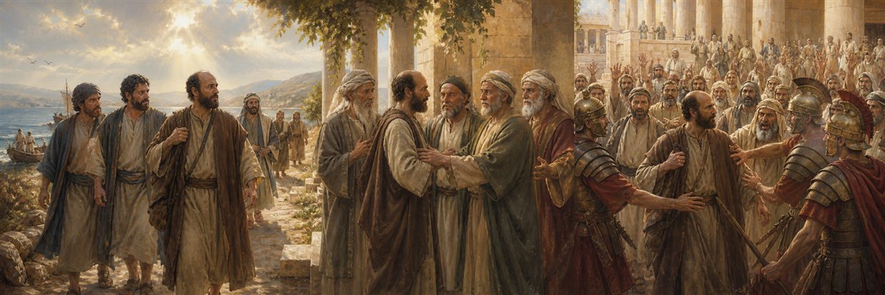 Paul journeying toward Jerusalem before elders receive him and soldiers protect him near the temple