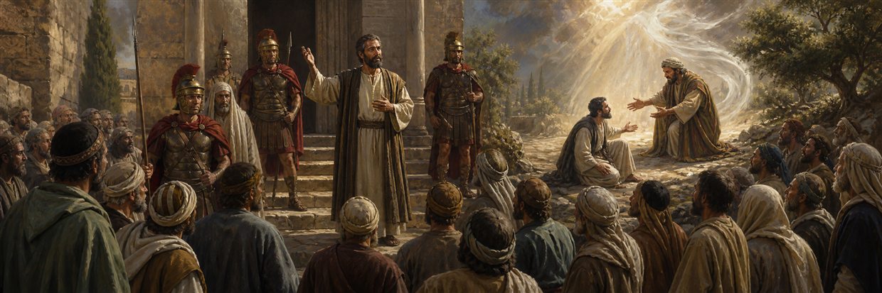 Paul speaking from the barracks steps with Roman guards as his Damascus encounter appears behind him