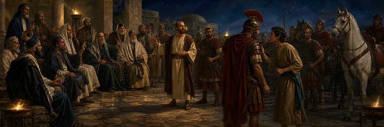 Paul standing before the divided council as his nephew warns a commander and soldiers prepare horses