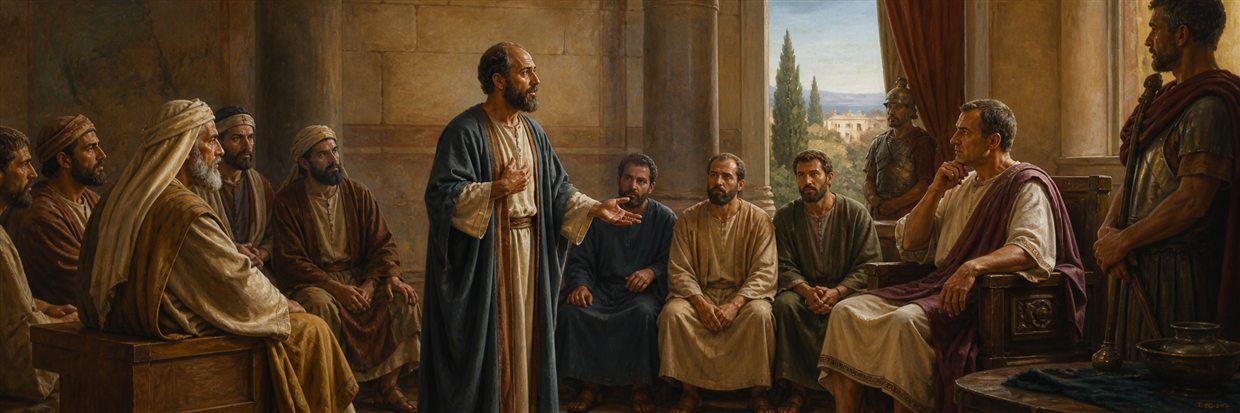 Paul speaking before Governor Felix as accusers, companions, and guards listen in Caesarea