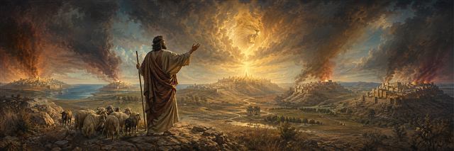Amos stands with sheep above a withering landscape as surrounding fortified cities darken beneath fire-lit storms and a lion-shaped cloud