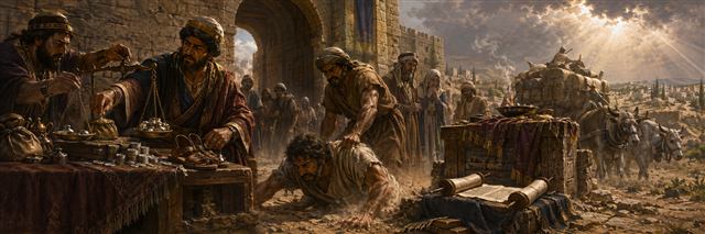 Rich merchants weigh silver beside sandals while a poor laborer is forced into dust near an ignored scroll and compromised altar