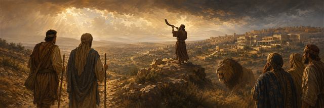 A watchman sounds a ram's horn above Samaria as two travelers approach and a lion roars before the city's luxurious houses