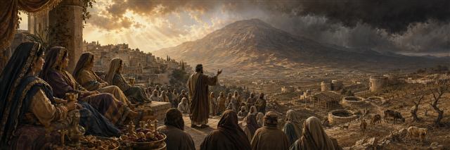 Fully robed wealthy women sit above a feast as Amos addresses gathered people overlooking dry wells, ruined crops, thin livestock, and a storm-darkened mountain