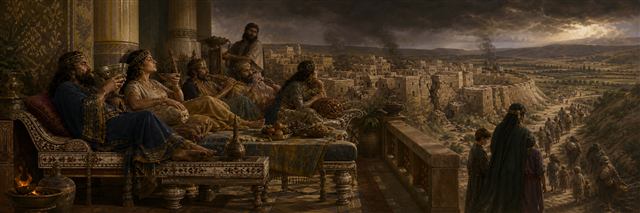 Wealthy elites recline with music and overflowing bowls on ivory-inlaid couches while a damaged city and departing families fill the valley below