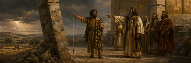 Amos holds a vertical plumb line beside a leaning sanctuary wall while priest Amaziah points toward Judah and royal attendants watch
