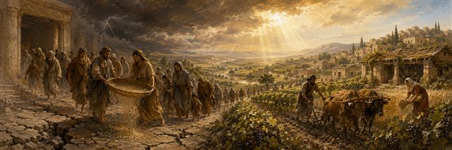 Families pass from a trembling sanctuary through a large grain sieve toward repaired towns, abundant vineyards, and a humble restored shelter