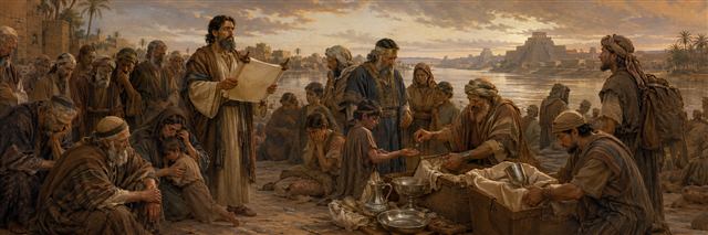 Baruch reads to exiles beside a Babylonian river as they pray, collect gifts, and prepare temple vessels for Jerusalem