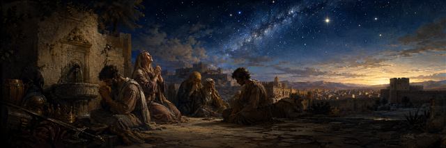 Exiles pray beside a clear fountain while abandoned treasure lies behind them and bright stars fill the ordered night sky