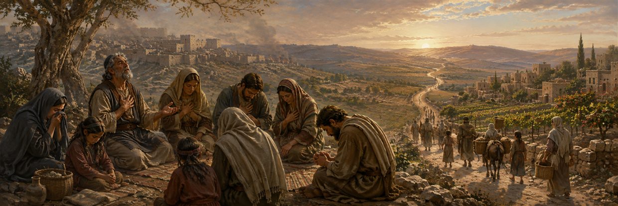 A small community of exiles prays humbly as dawn illuminates a road toward Jerusalem and the promised ancestral land