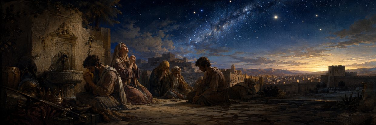 Exiles pray beside a clear fountain while abandoned treasure lies behind them and bright stars fill the ordered night sky