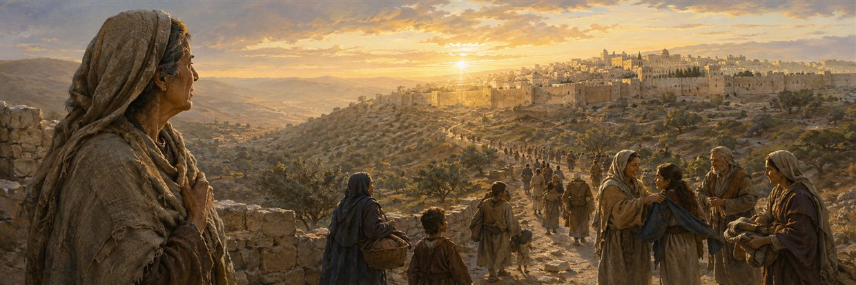 A grieving woman representing Jerusalem looks east as families return from exile together along a bright mountain road