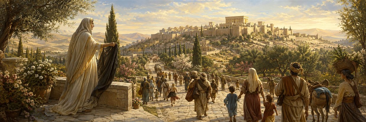 Families return joyfully toward radiant Jerusalem along a broad level road shaded by green and fragrant trees