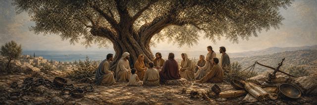 A diverse community gathered beneath a deeply rooted olive tree beside discarded chains and empty scales