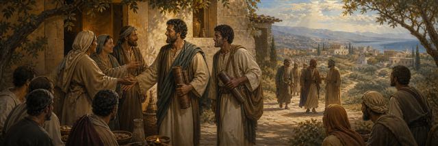 Two traveling messengers with sealed scroll cases receiving a warm welcome from a first-century house church